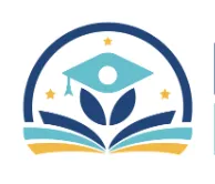 Round emblem with a person above an open book inside blue and gold arcs